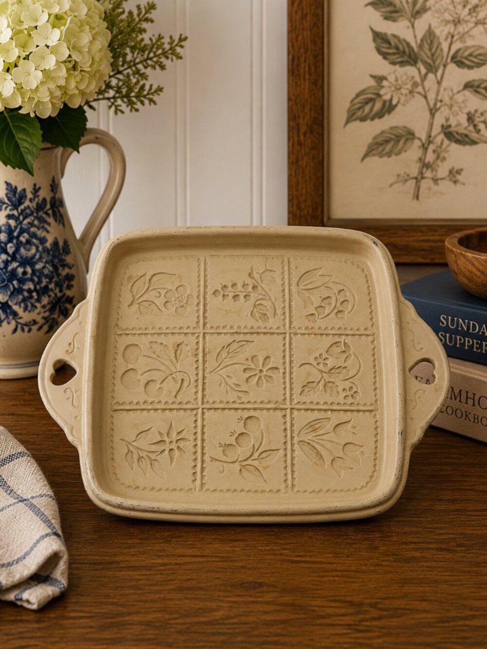 VTG Brown Bag Cookie Art 1988 Hill Design Stoneware Trivet Hanging Floral Tray